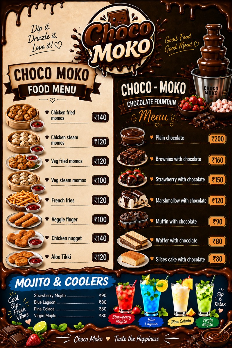 The full Choco Moko menu poster with food, chocolate fountain and coolers