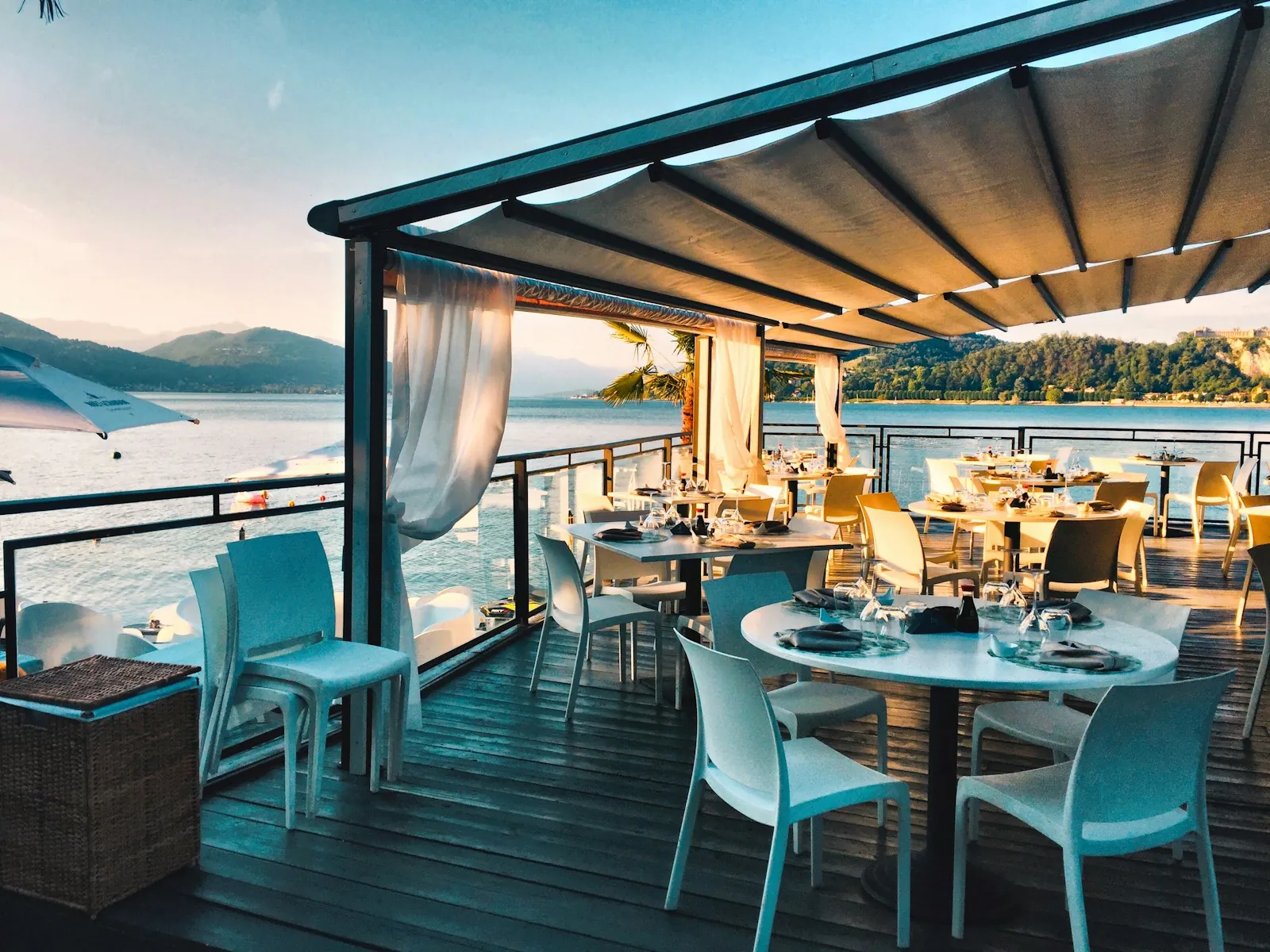 Café terrace with tables overlooking the city